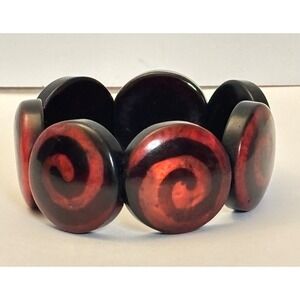 Vintage Wood Boho Spiral Stretch Bracelet Red Black Hand Painted Disc Statement